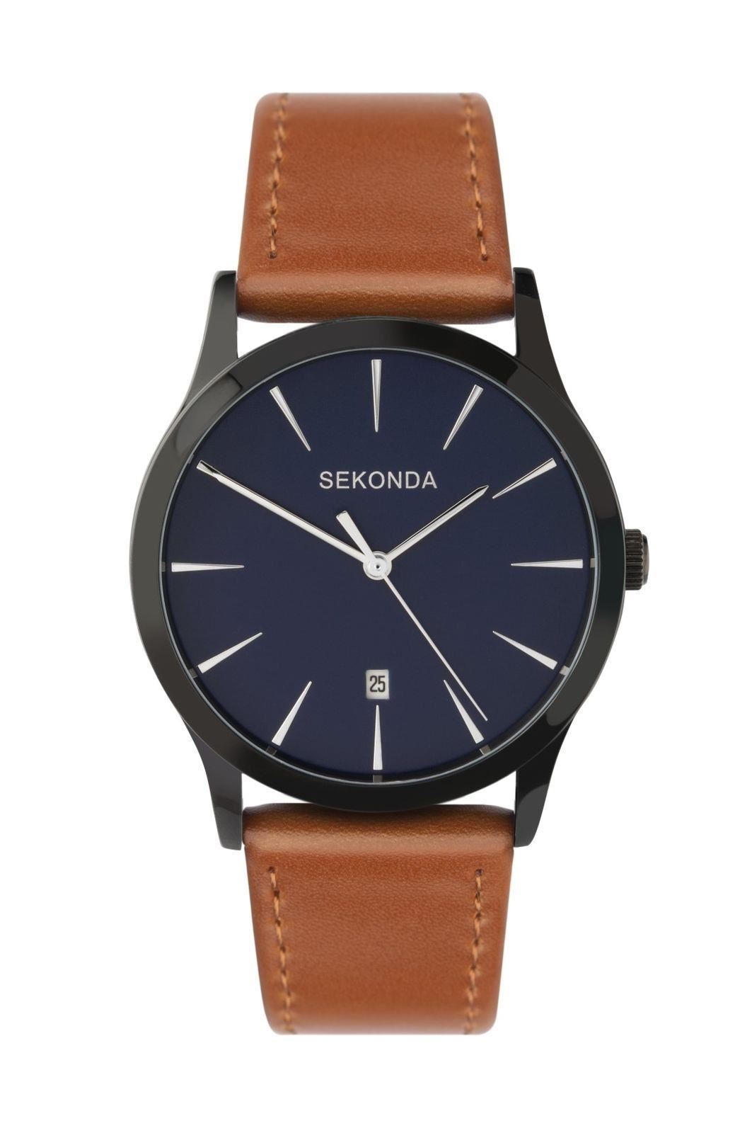 Sekonda Mens Quartz Dated Blue Dial Brown Leather Strap Watch 1514