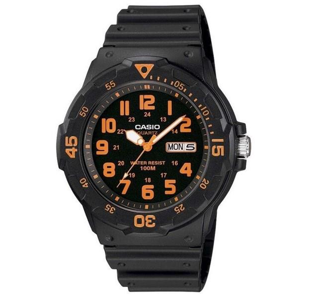 Casio Mens Day Date Orange Number & Black Rubber Strap Watch - MRW-200H-4BVDF