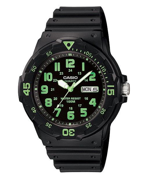Casio Mens Day Date Green Number & Black Rubber Strap Watch - MRW-200H-3BVDF