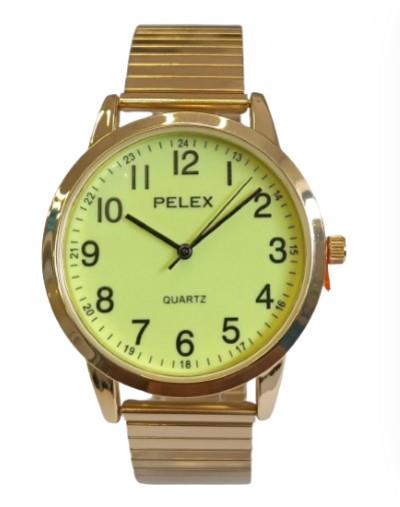 Pelex Mens Big number Gold Case Night Glow Dial Gold Bracelet Strap Quartz Watch