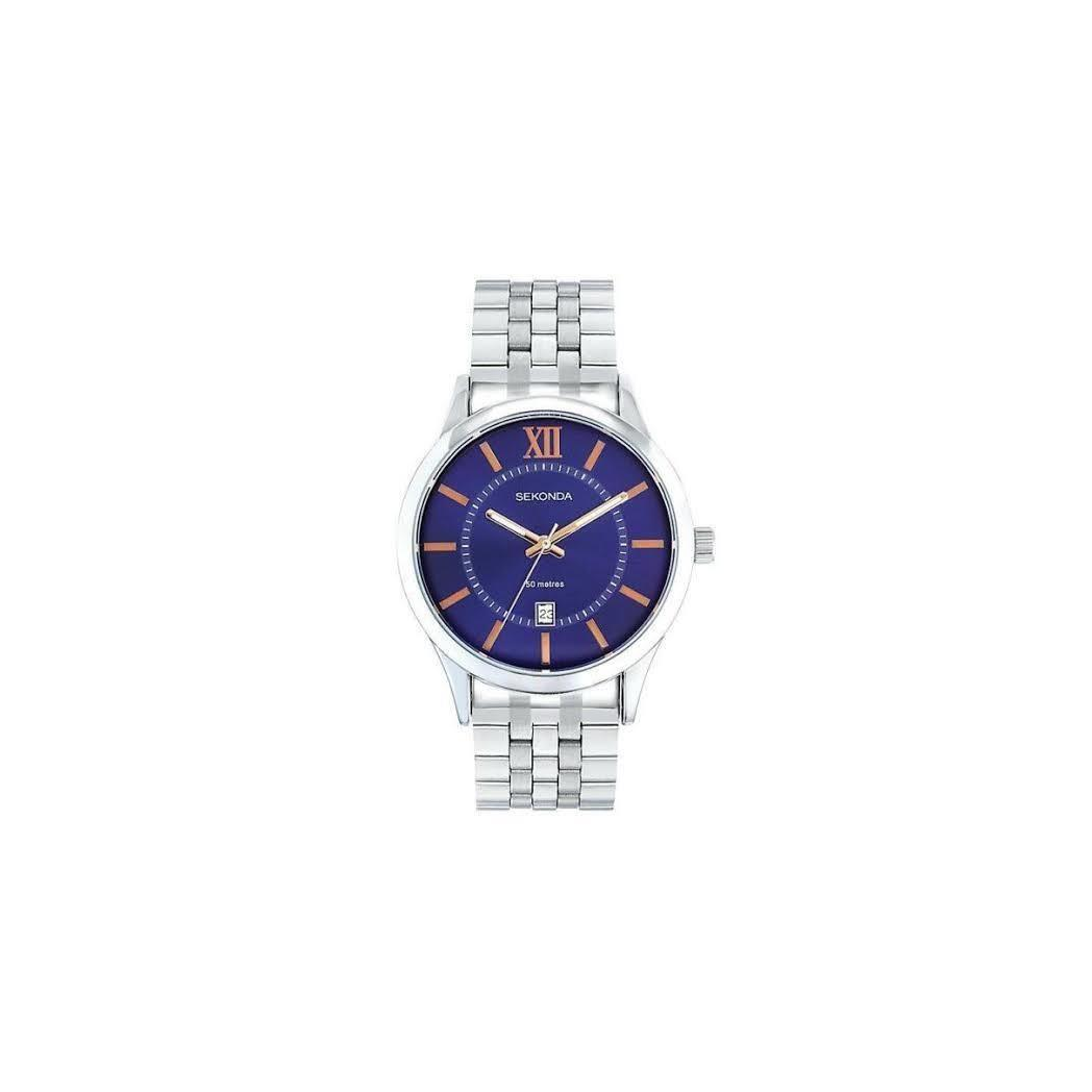 Sekonda Mens Dated Round Blue Dial Stainless Steel Bracelet Watch 1197