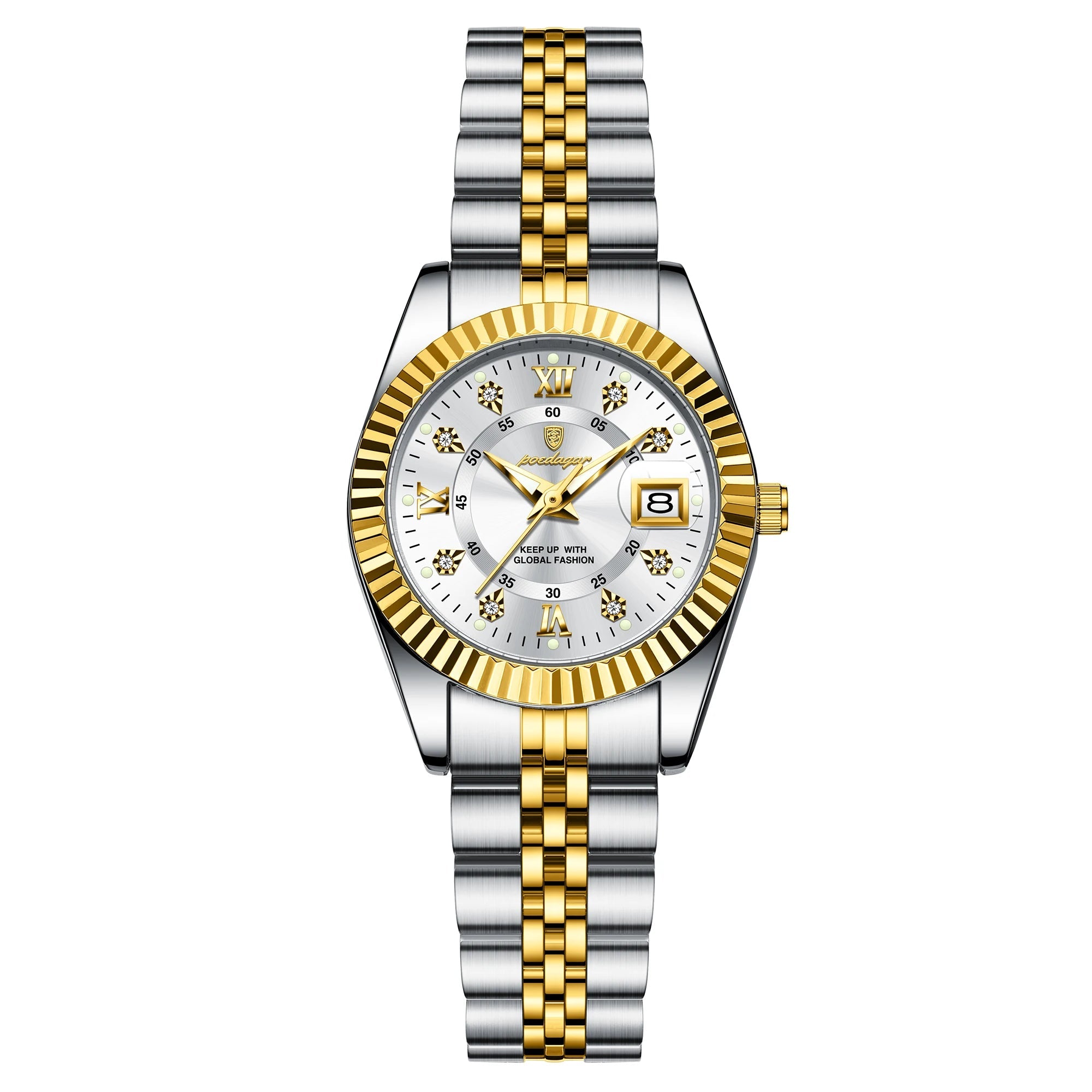 Luxury watch with gold and silver band on a white background, featuring the Poedagar brand.