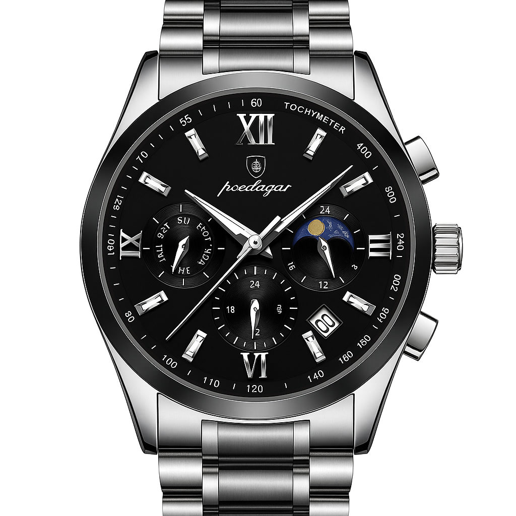 44mm Men's Chronograph Silver Black Watch