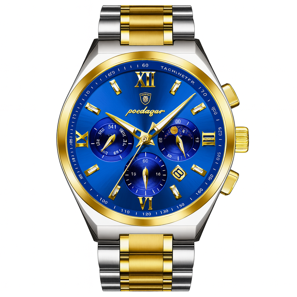 men's blue dial gold and silver watch