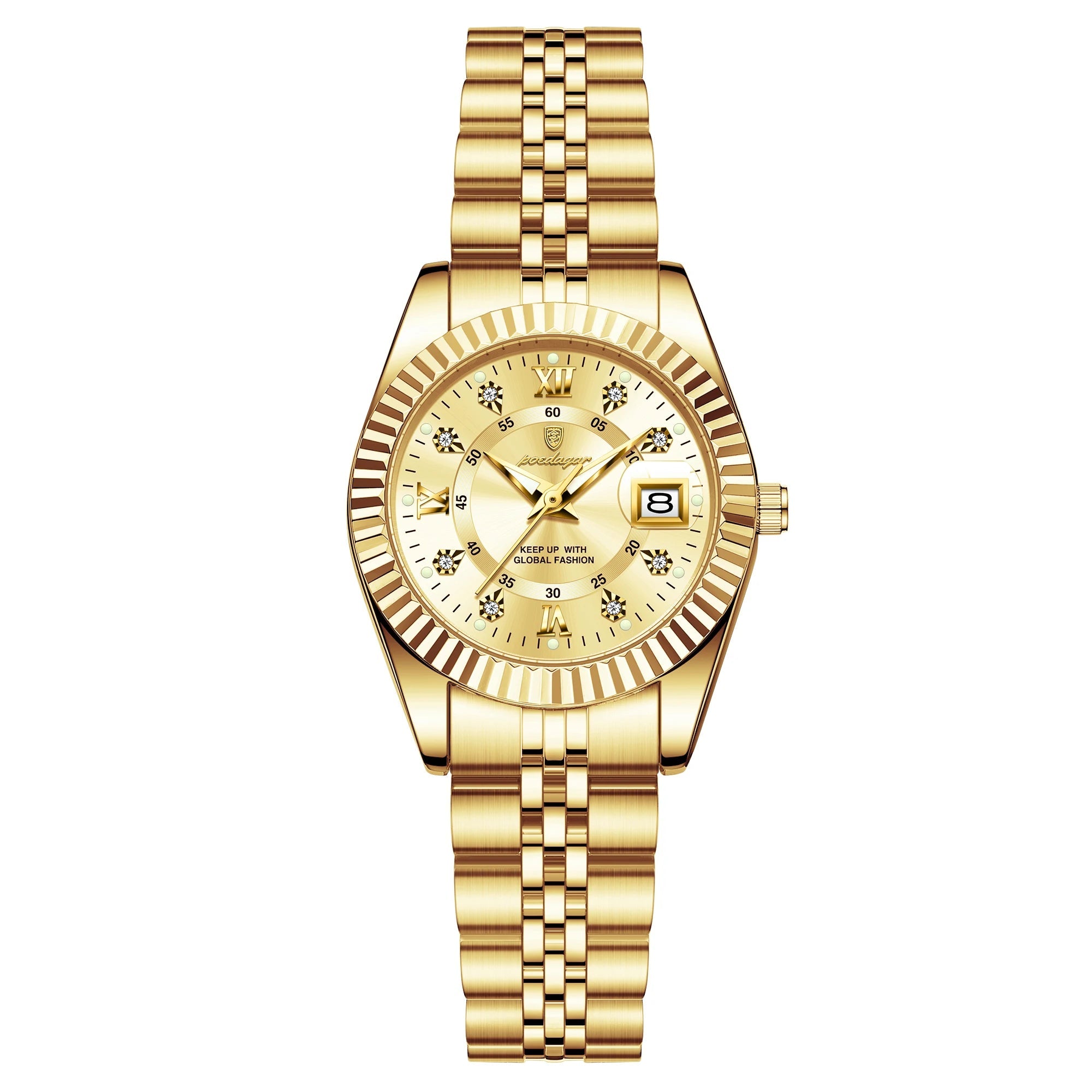 Gold watch with brand logo on a white background