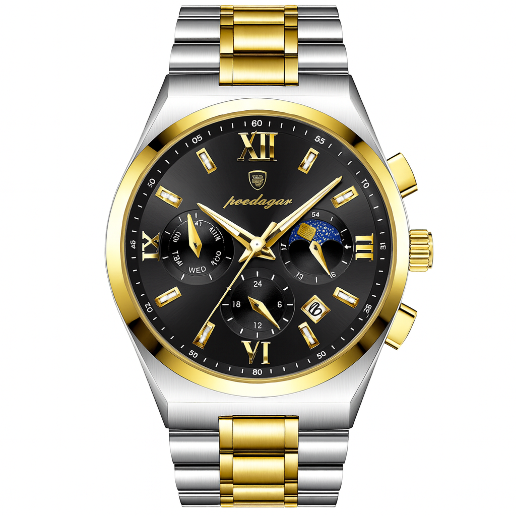 Luxury watch with black dial, gold and silver band on white background