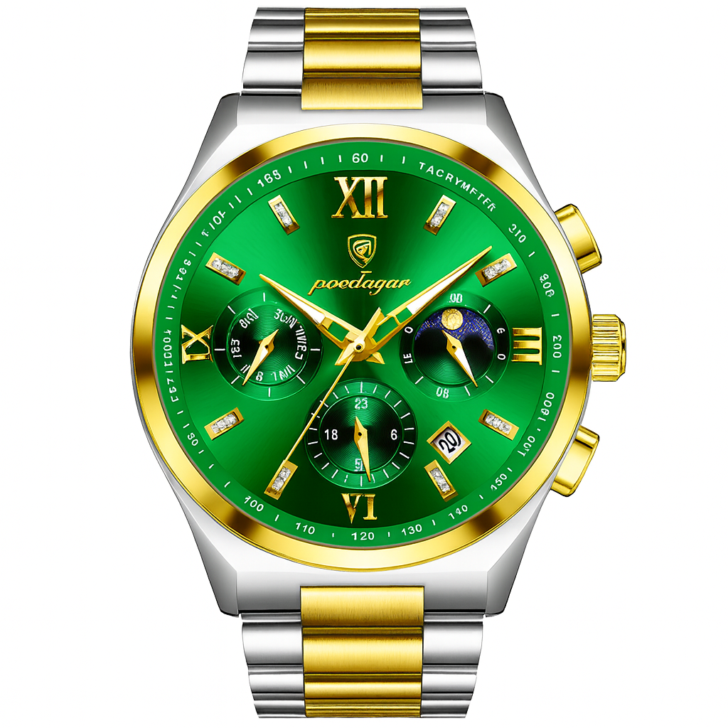 Luxury watch with green face and gold accents on a white background