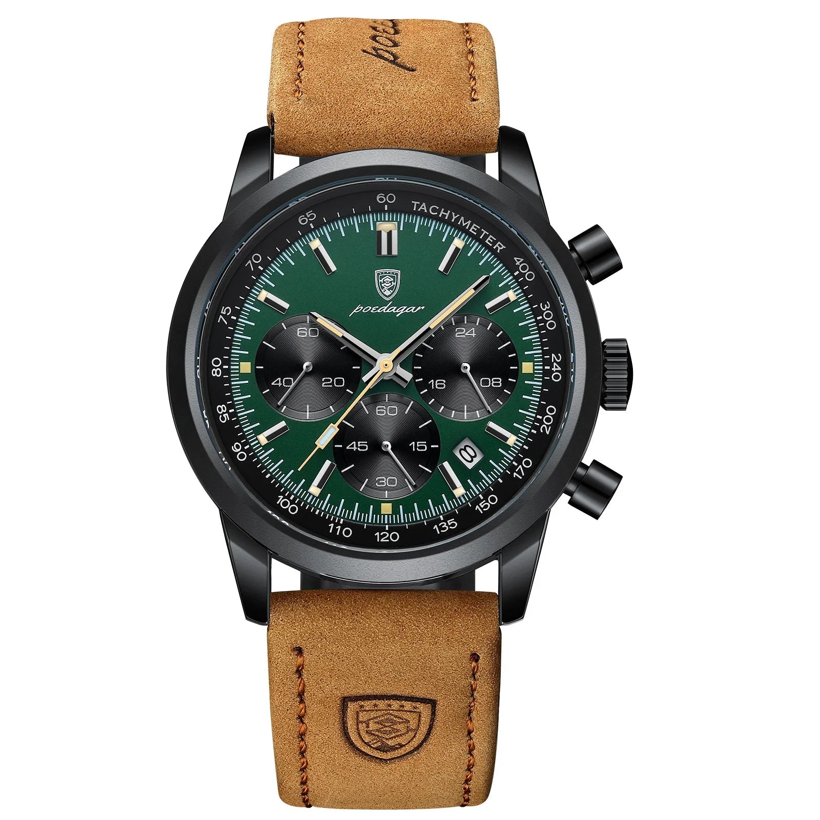 Watch with brown leather strap and green dial on a white background, featuring the POEDAGAR brand.