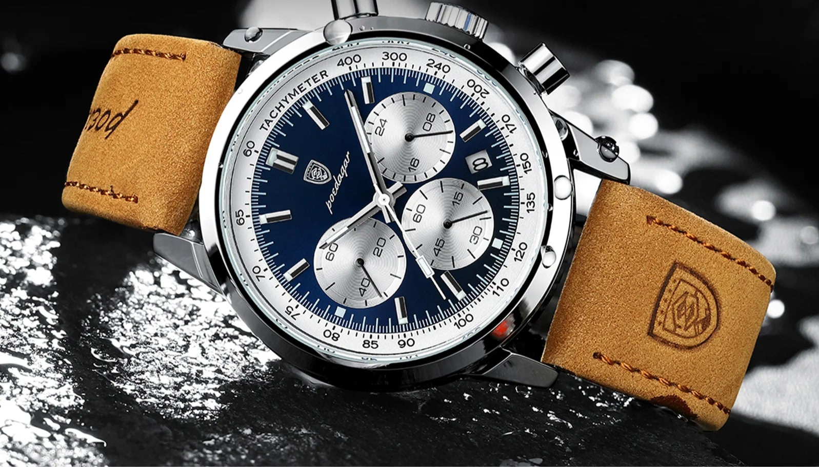 Men's Leather Chronograph Silver Blue Watch