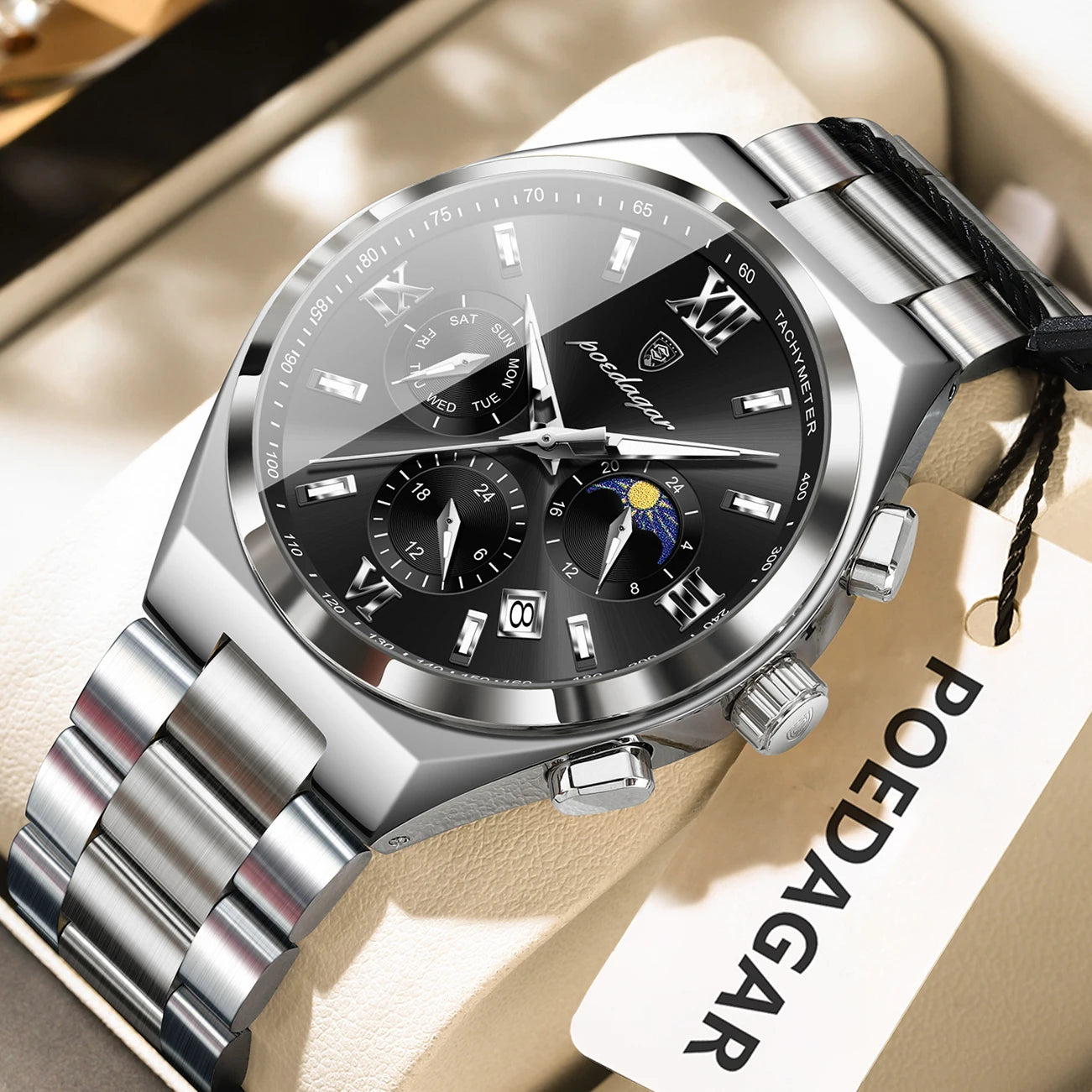 44mm Men's Chronograph Silver Black Watch