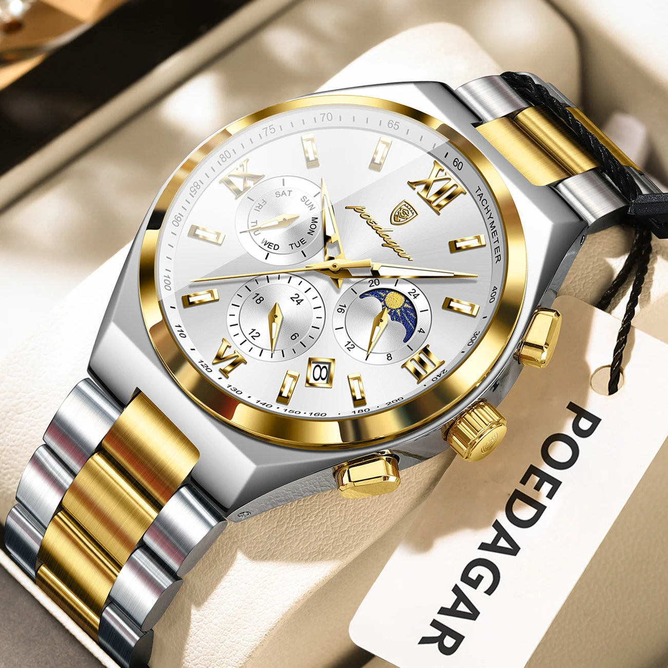 44mm Men's Chronograph Gold White Watch