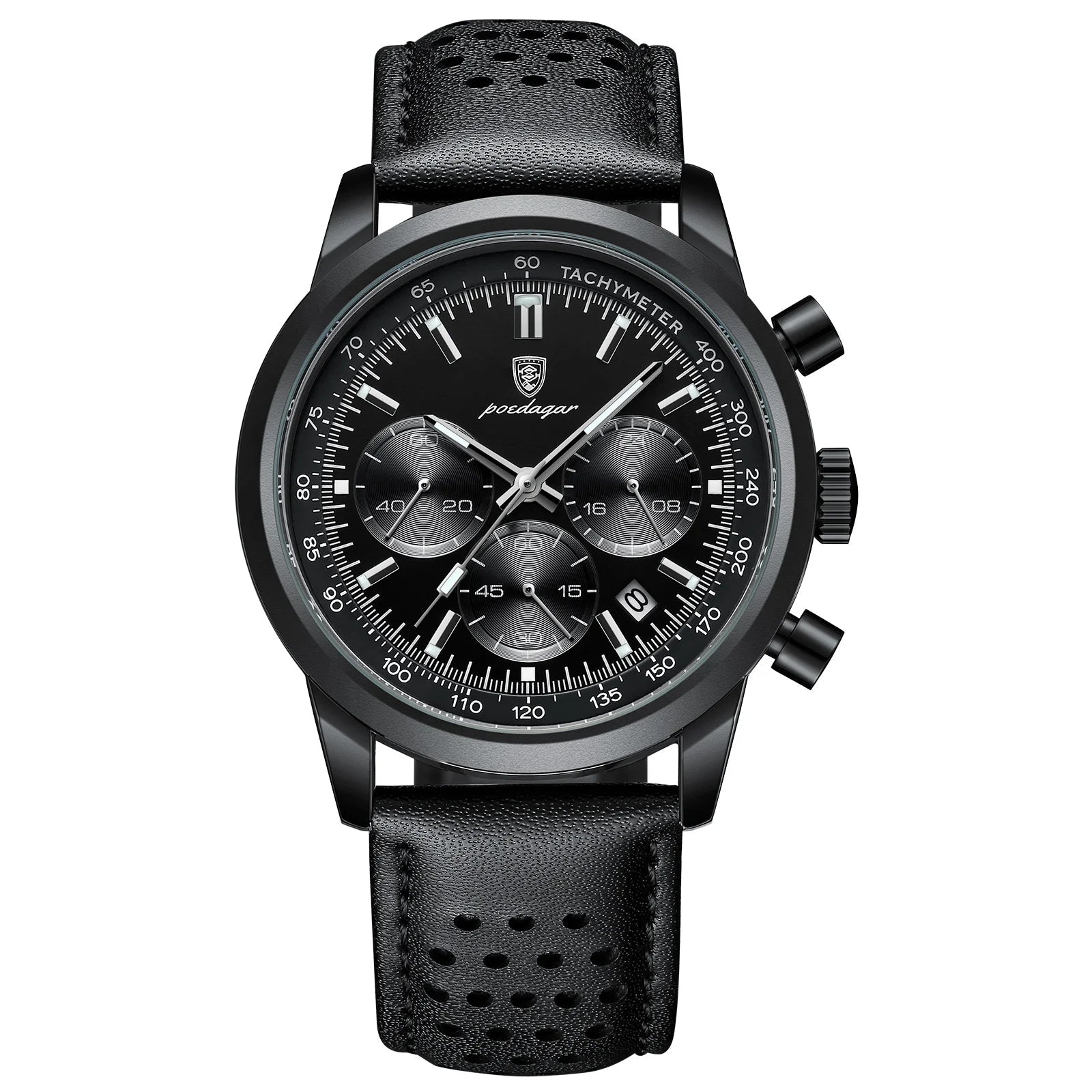 Men's Leather Chronograph Black Watch