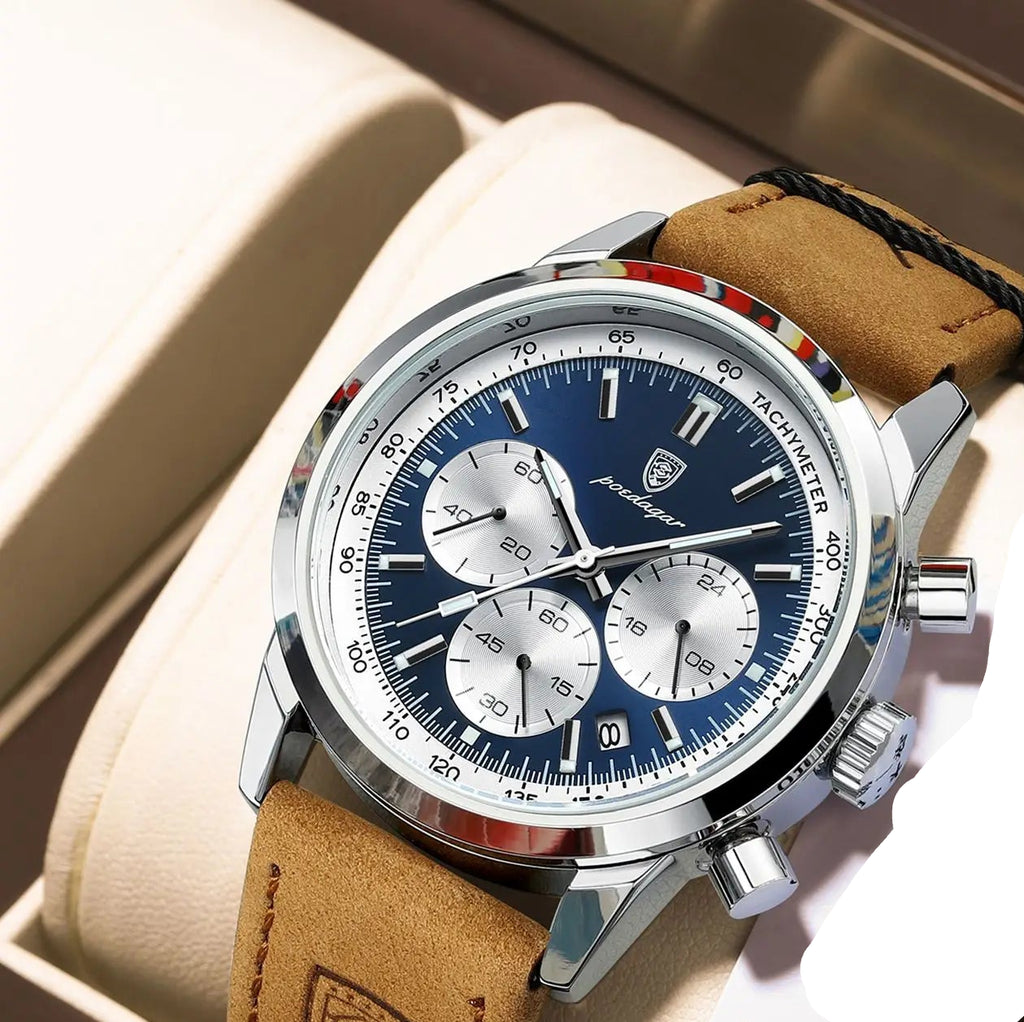 Men's Leather Chronograph Silver Blue Watch