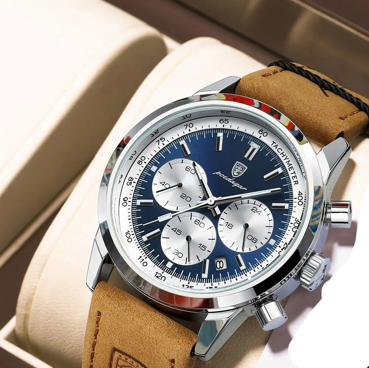 Men's Leather Chronograph Silver Blue Watch