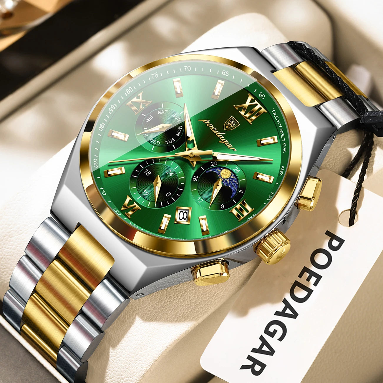 44mm Men's Chronograph Gold Silver Green Watch