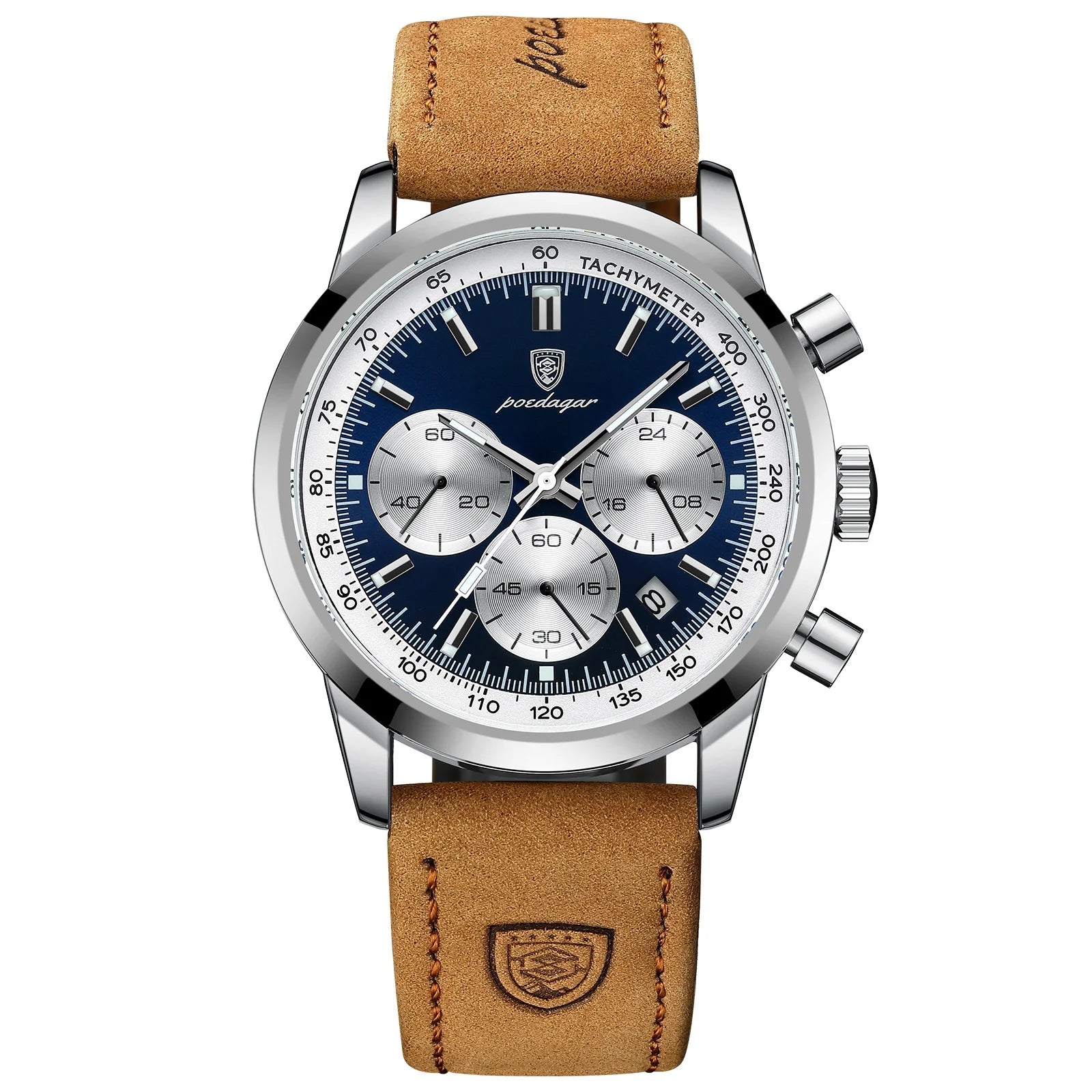 Men's Leather Chronograph Silver Blue Watch