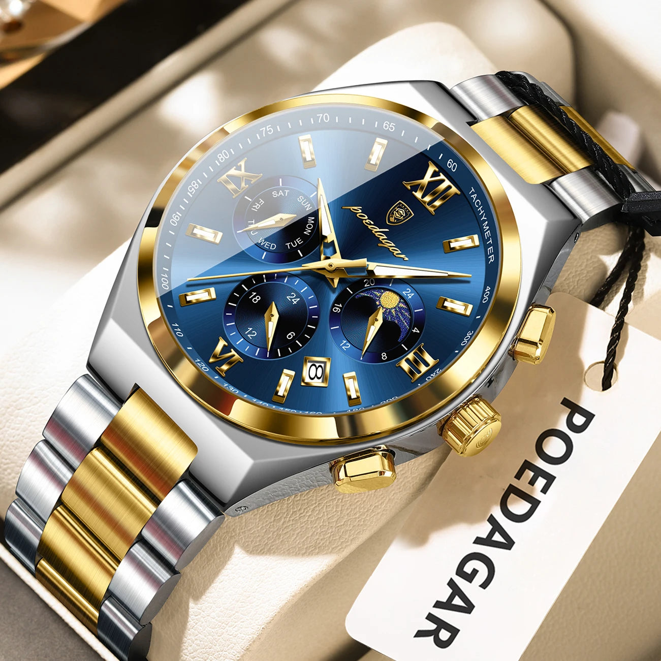 44mm Men's Chronograph Gold Blue Watch