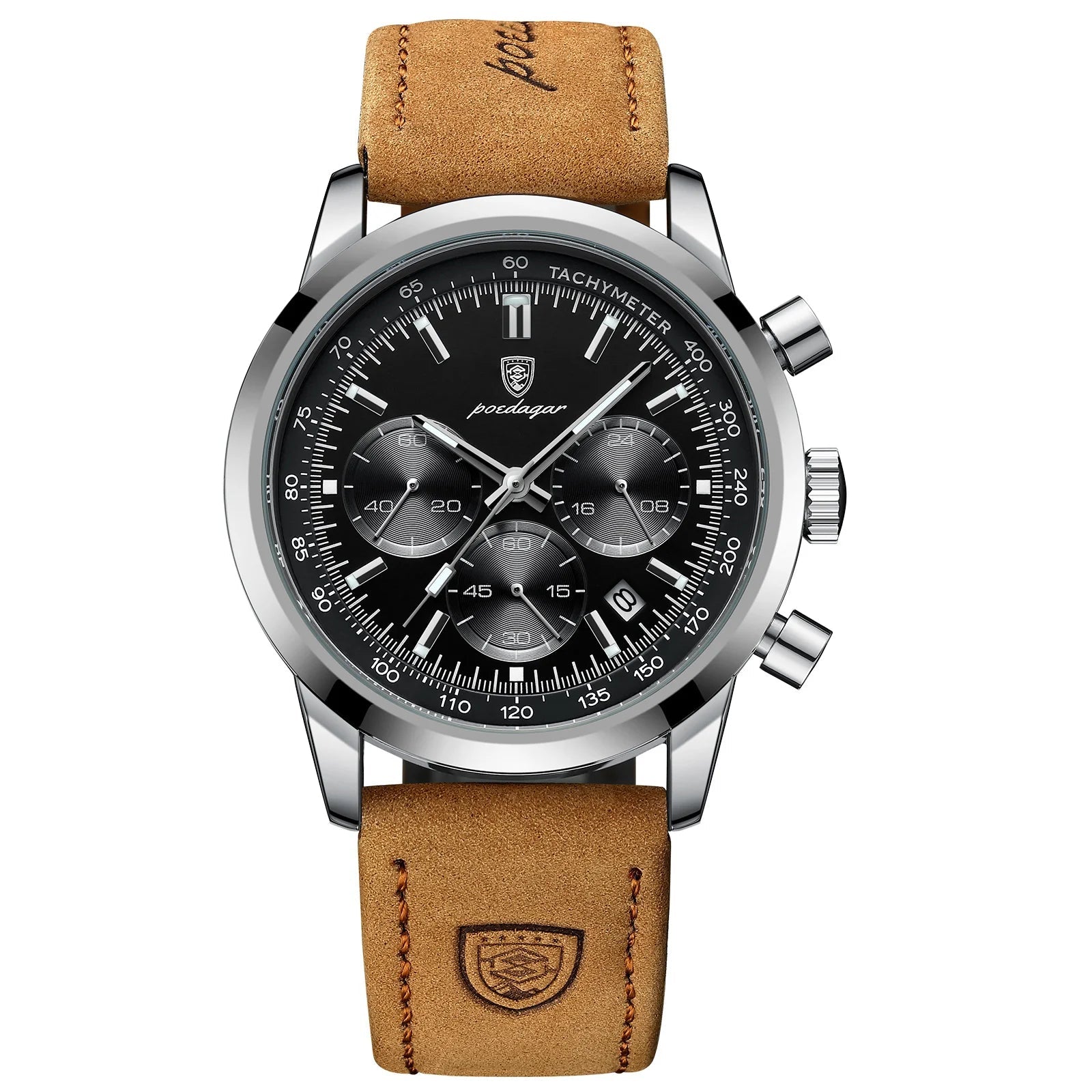 Men's Leather Chronograph Silver Black Watch