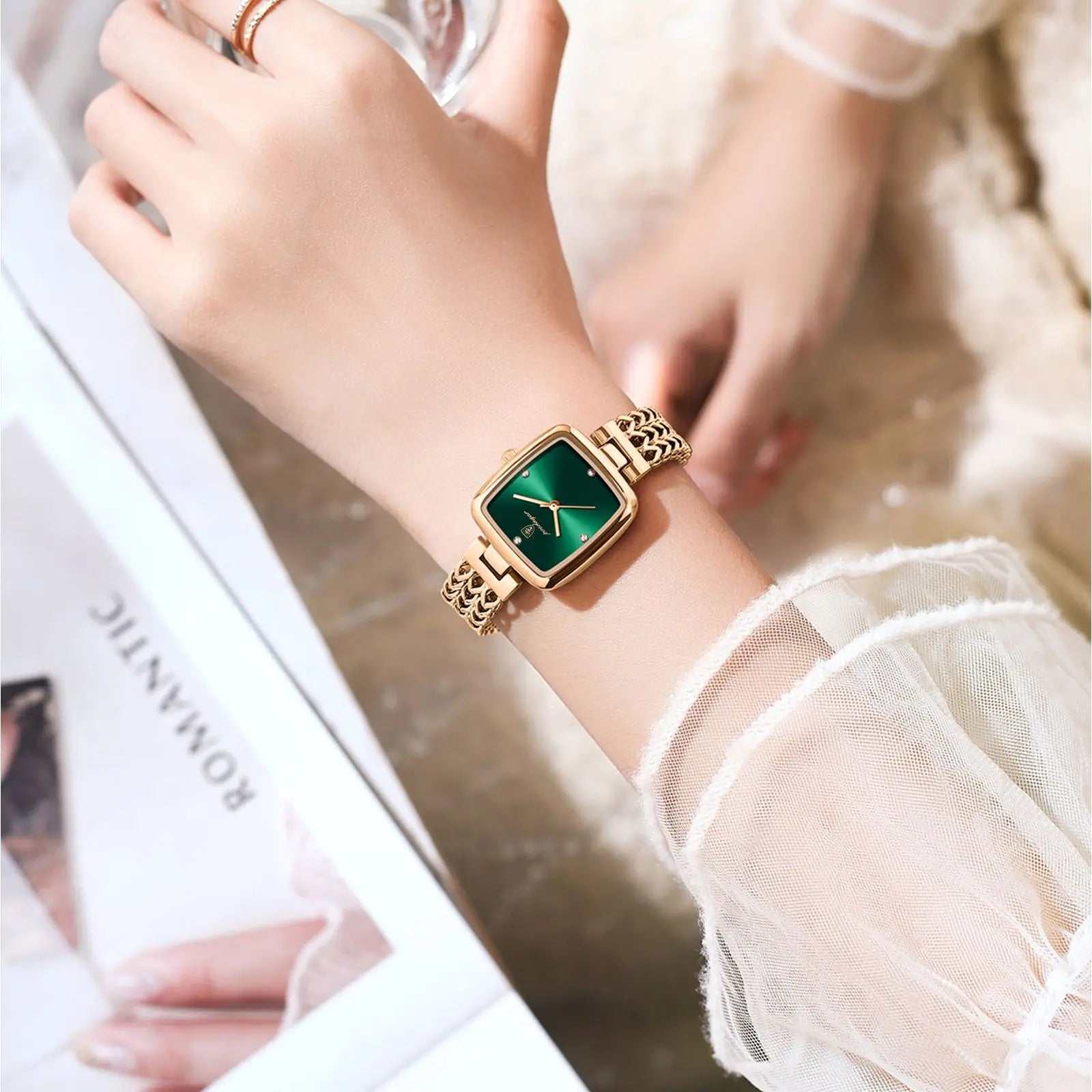 Women's Square Rose Gold Green Watch