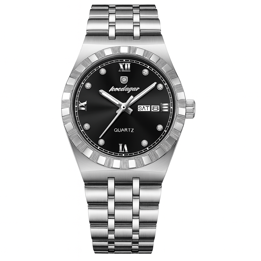 Silver watch with black dial on a white background
