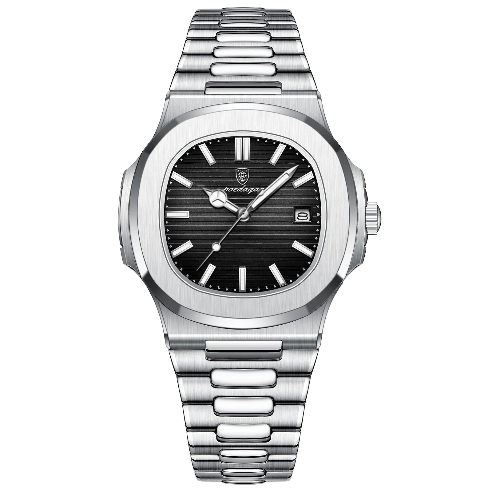 Silver watch with black dial on a white background
