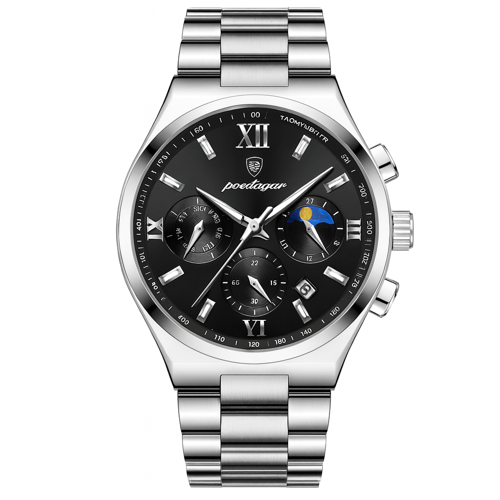 Silver wristwatch with black dial on a white background