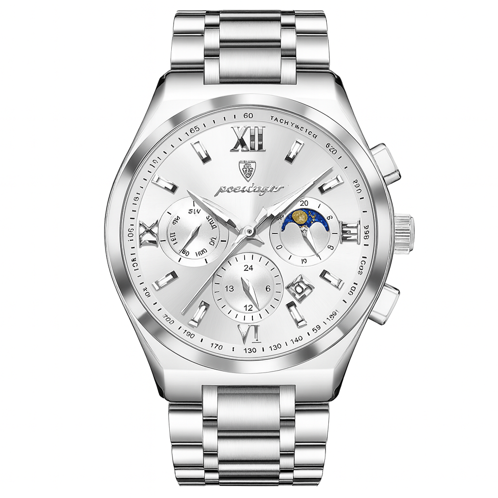 Silver wristwatch with detailed face on a white background