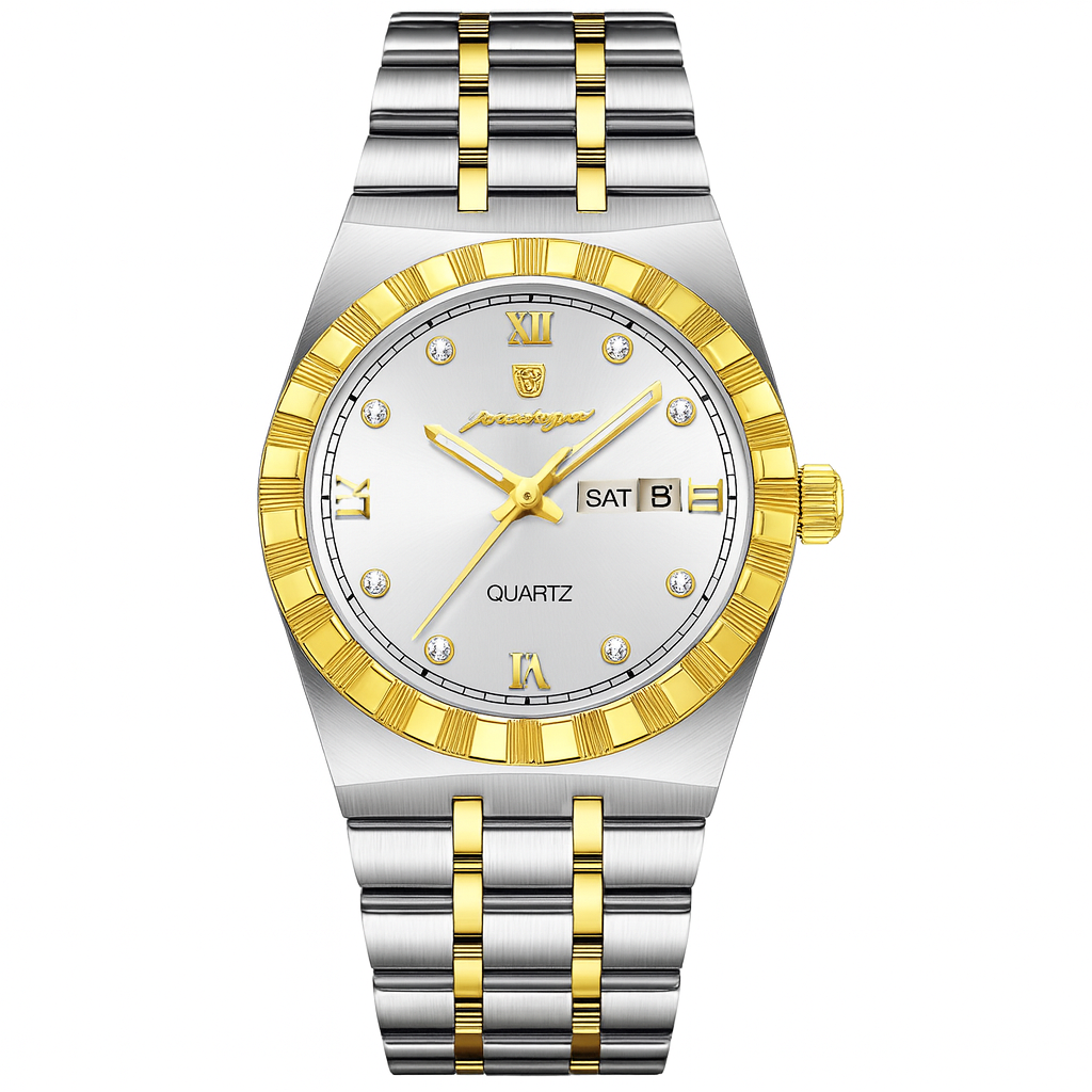 Two-tone silver and gold watch with a white face on a white background