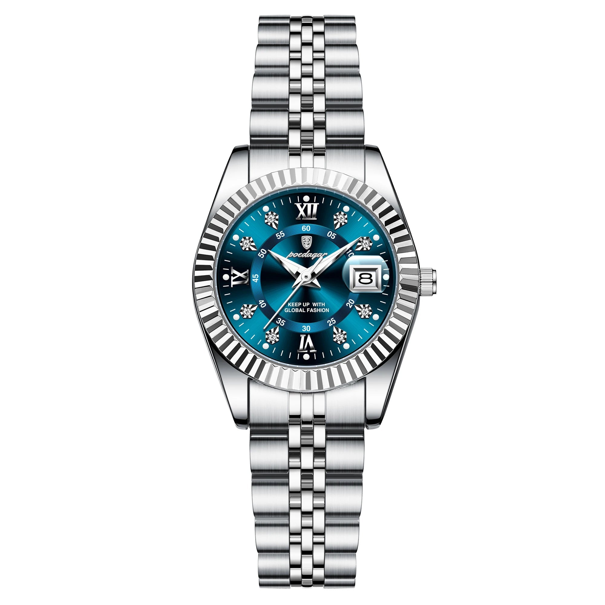 Silver watch with blue face on a white background, featuring the Poedagar brand.