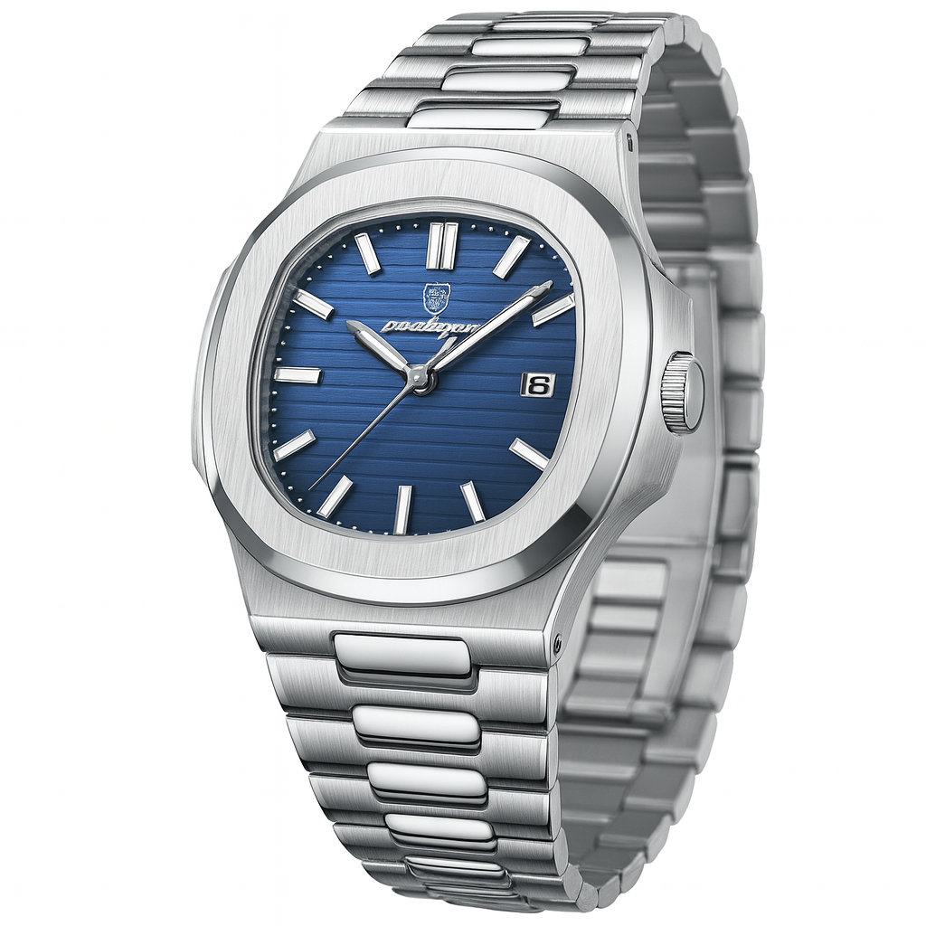 44mm Square Men's Silver Blue Watch