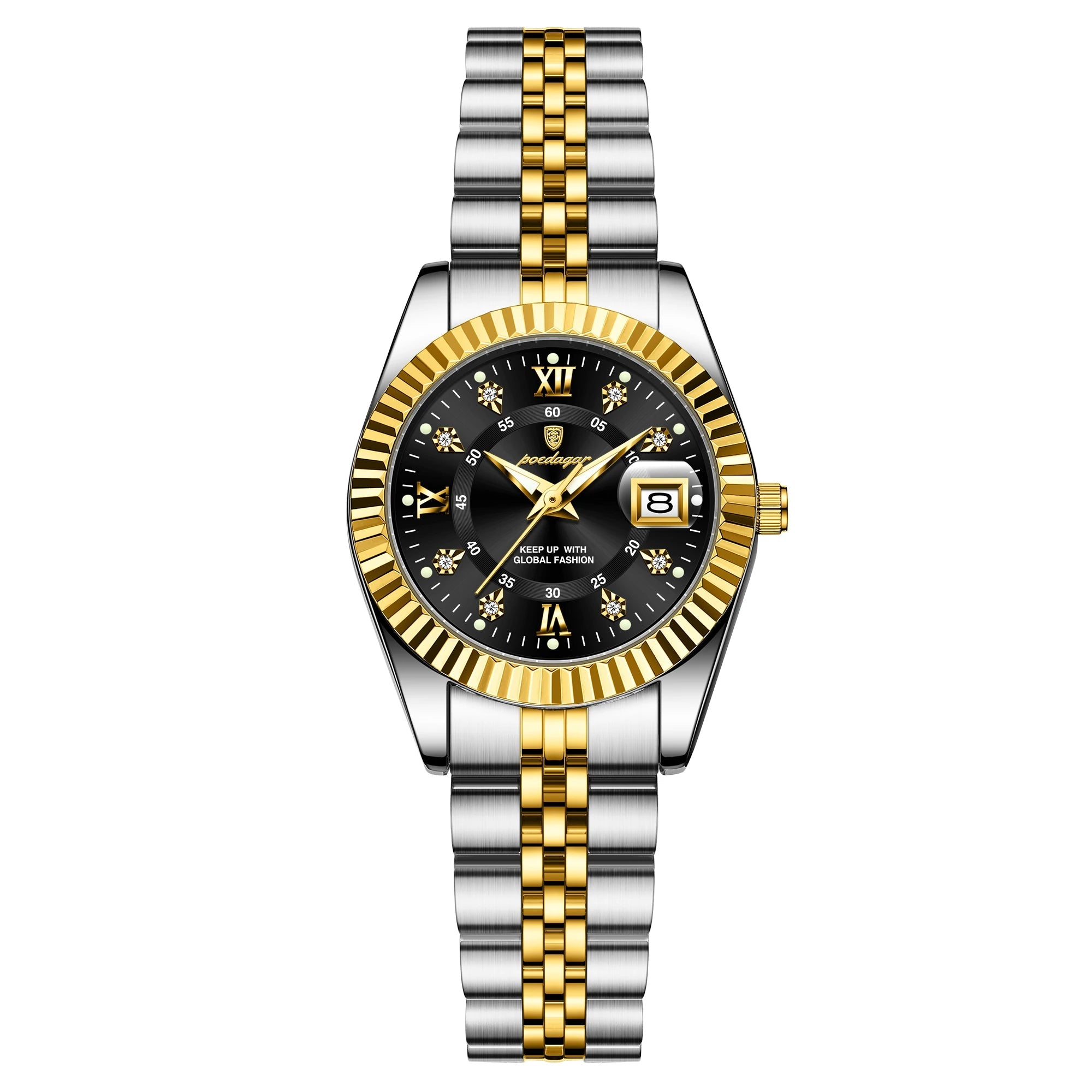 Luxury watch with gold and silver band on a white background, featuring the Poedagar brand.