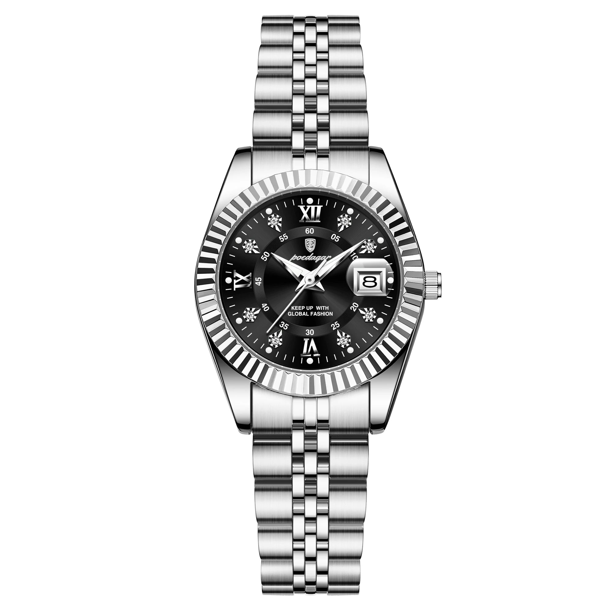 Silver watch with black dial on a white background, featuring the Poedagar brand.