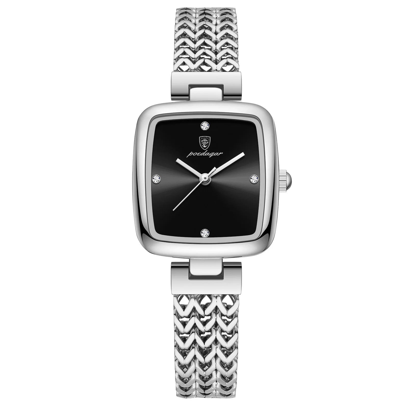 Silver watch with black face on a white background